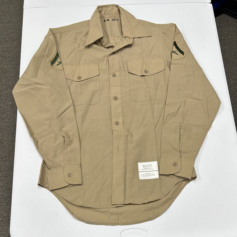 USMC Military Service Shirt Mens 15.5x33 Khaki Excellent Lance Corporal Patch